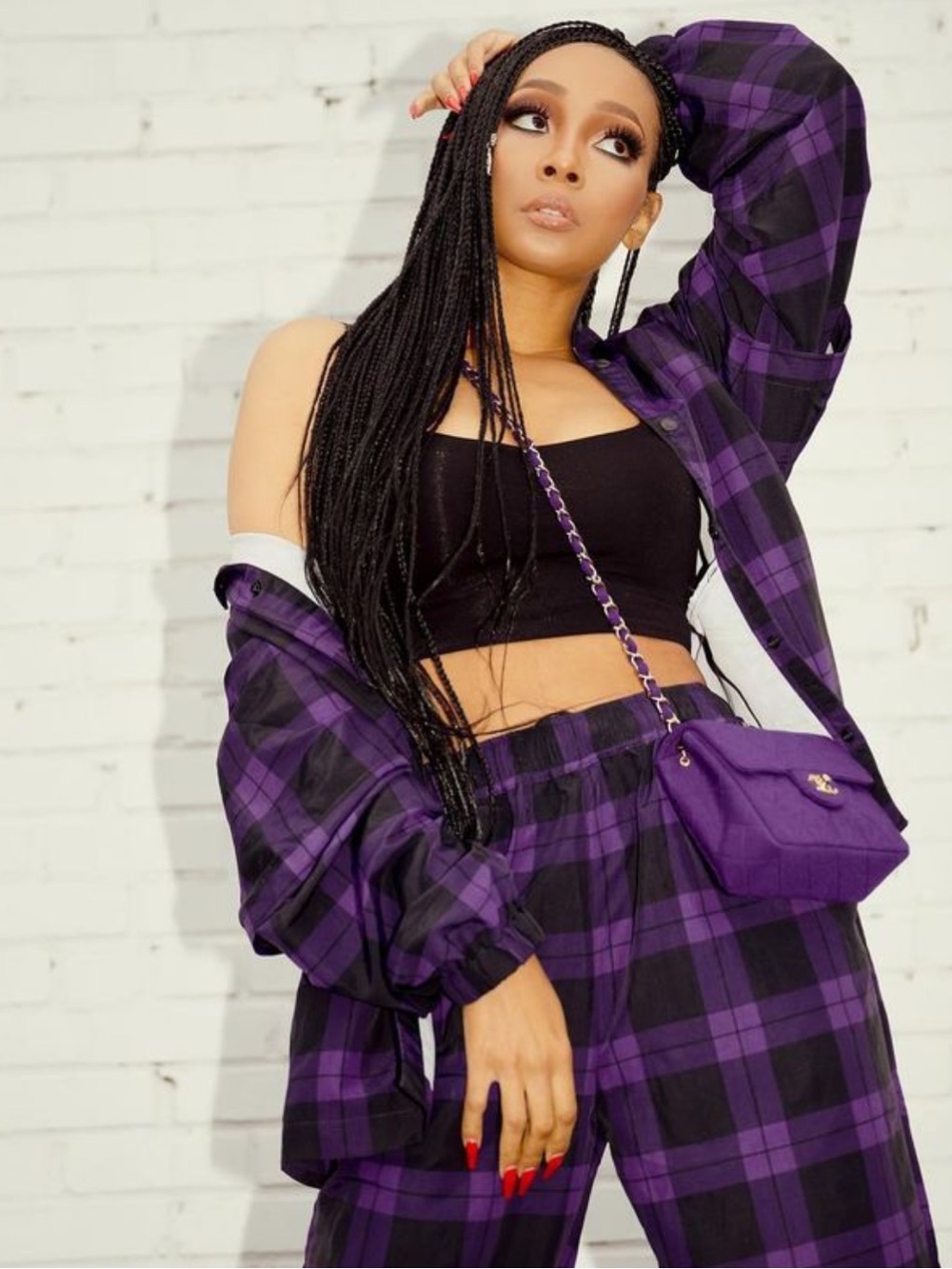 Melody Ehsani Purple and Black Plaid Button-Down Shirt Sz S